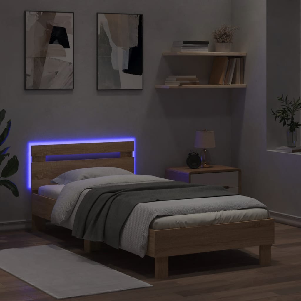 Cadru de pat cu tăblie și lumini LED, stejar sonoma, 75x190 cm - Lando