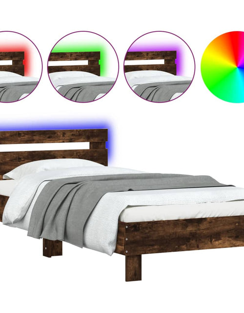 Загрузите изображение в средство просмотра галереи, Cadru de pat cu tăblie și lumini LED, stejar fumuriu, 75x190 cm - Lando
