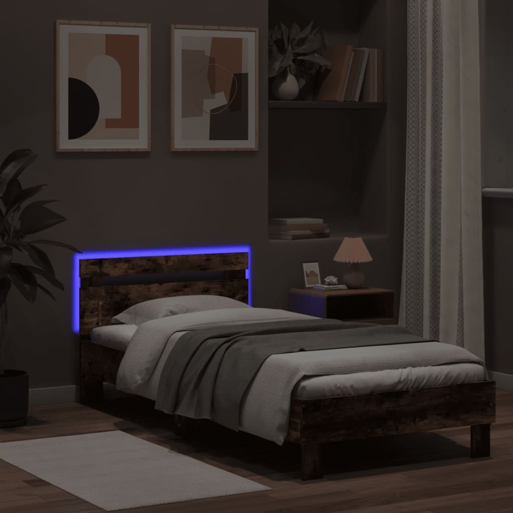 Cadru de pat cu tăblie și lumini LED, stejar fumuriu, 75x190 cm - Lando