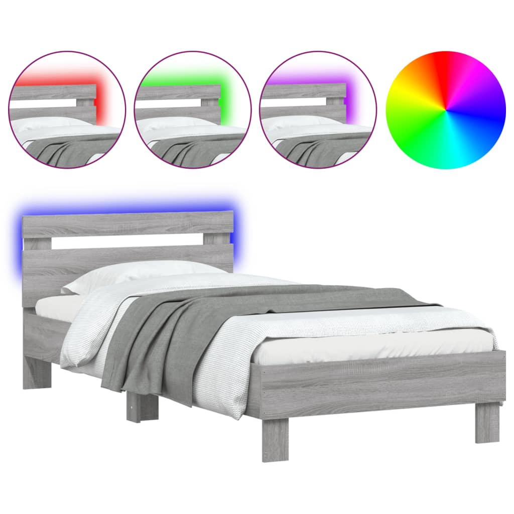 Cadru de pat cu tăblie și lumini LED, gri sonoma, 75x190 cm - Lando