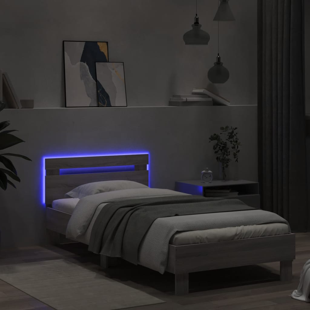 Cadru de pat cu tăblie și lumini LED, gri sonoma, 75x190 cm - Lando