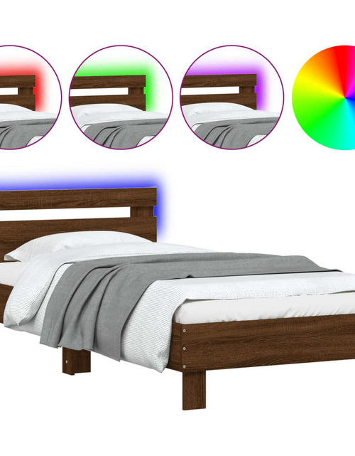 Загрузите изображение в средство просмотра галереи, Cadru de pat cu tăblie și lumini LED, stejar maro, 75x190 cm - Lando

