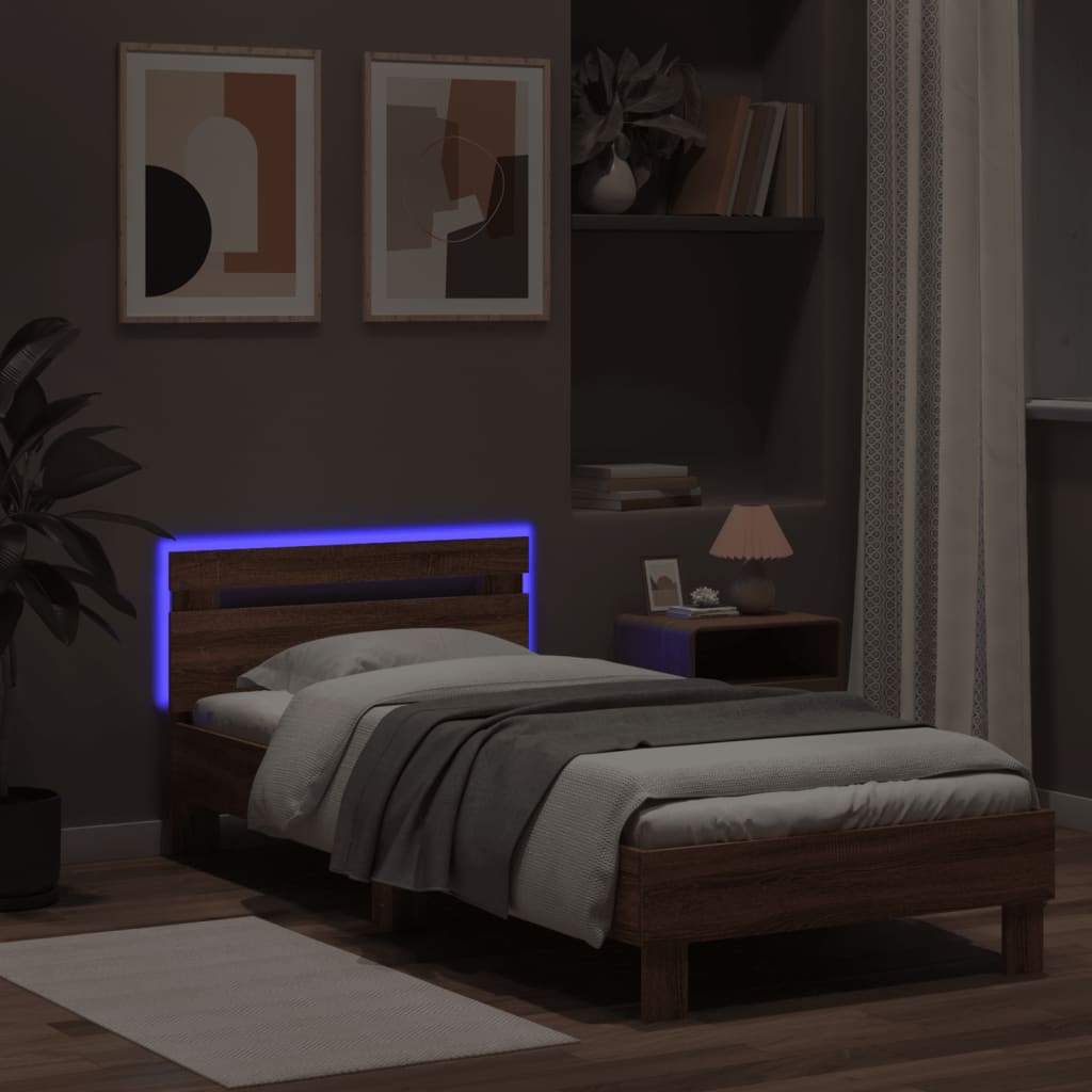 Cadru de pat cu tăblie și lumini LED, stejar maro, 75x190 cm - Lando