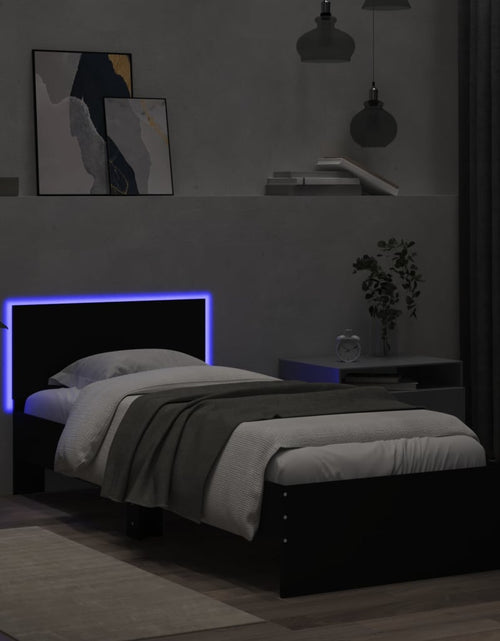 Încărcați imaginea în vizualizatorul Galerie, Cadru de pat cu tăblie și lumini LED, negru, 90x200 cm - Lando
