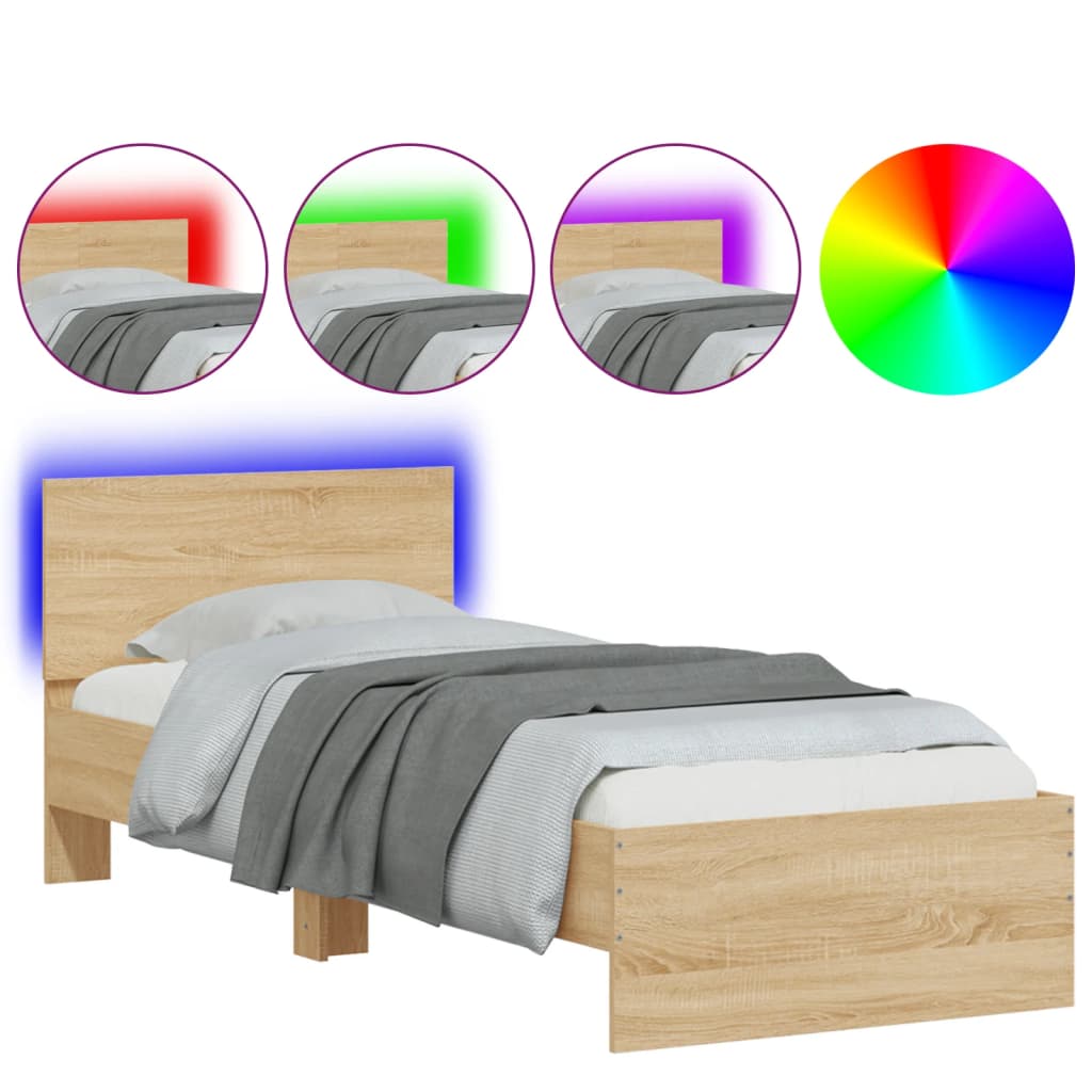 Cadru de pat cu tăblie și LED, stejar sonoma, 90x200 cm - Lando