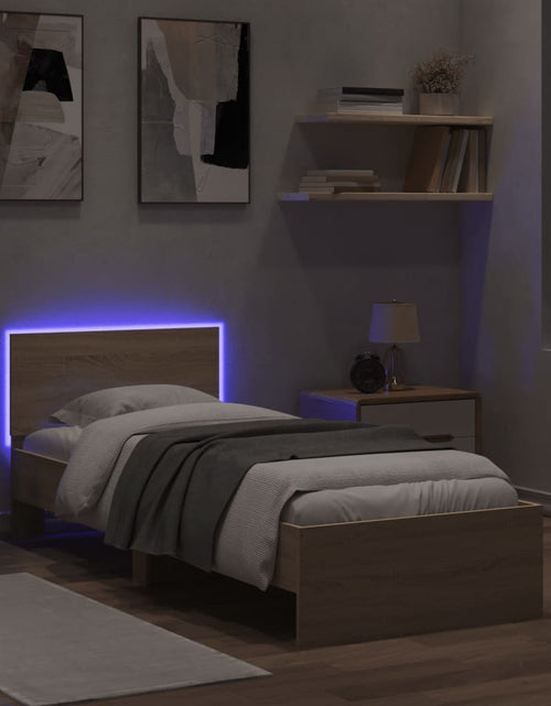 Загрузите изображение в средство просмотра галереи, Cadru de pat cu tăblie și LED, stejar sonoma, 90x200 cm - Lando
