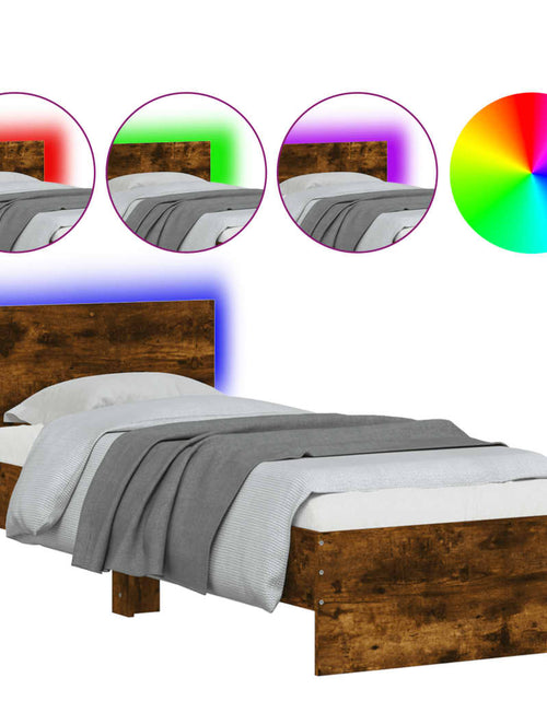 Загрузите изображение в средство просмотра галереи, Cadru de pat cu tăblie și LED, stejar fumuriu, 90x200 cm - Lando
