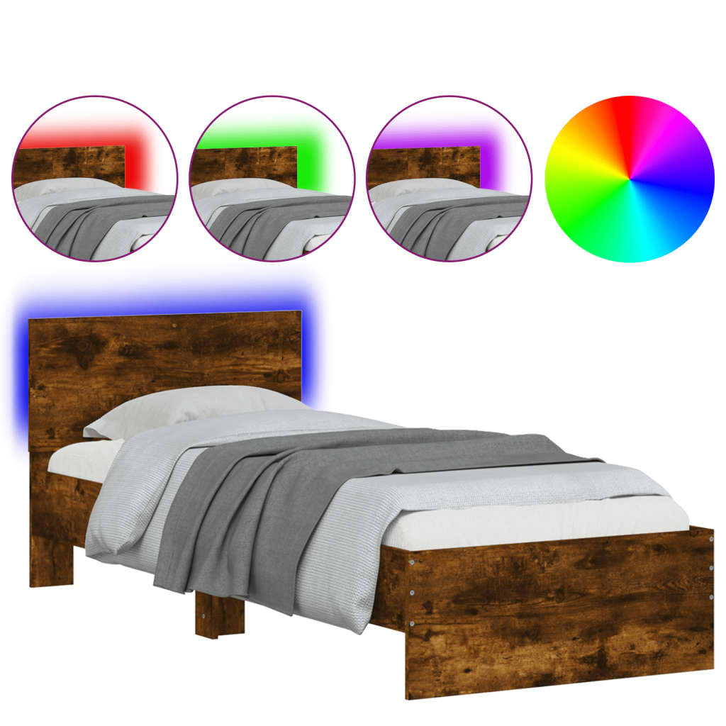 Cadru de pat cu tăblie și LED, stejar fumuriu, 90x200 cm - Lando