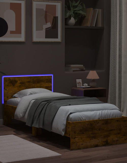 Загрузите изображение в средство просмотра галереи, Cadru de pat cu tăblie și LED, stejar fumuriu, 90x200 cm - Lando

