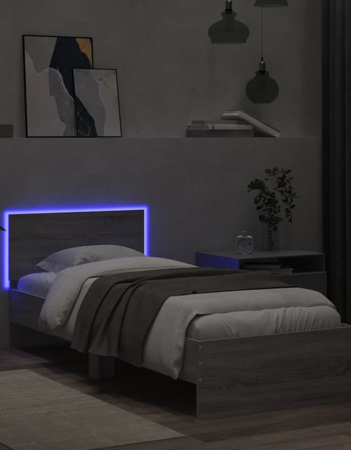 Încărcați imaginea în vizualizatorul Galerie, Cadru de pat cu tăblie și lumini LED, gri sonoma, 90x200 cm - Lando

