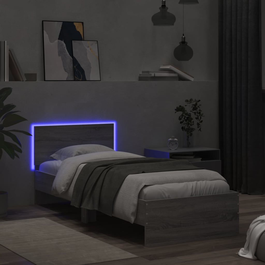 Cadru de pat cu tăblie și lumini LED, gri sonoma, 90x200 cm - Lando