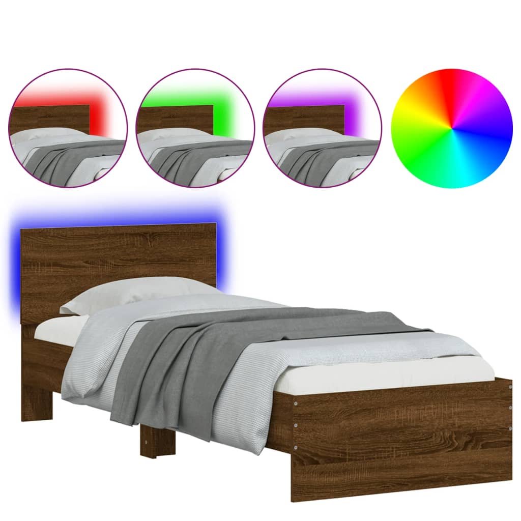 Cadru de pat cu tăblie și lumini LED, stejar maro, 90x200 cm - Lando