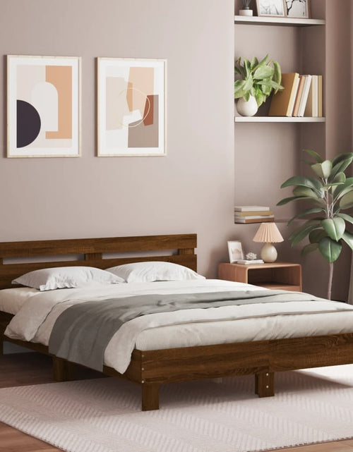 Загрузите изображение в средство просмотра галереи, Cadru de pat cu tăblie și LED, stejar maro, 150x200 cm - Lando
