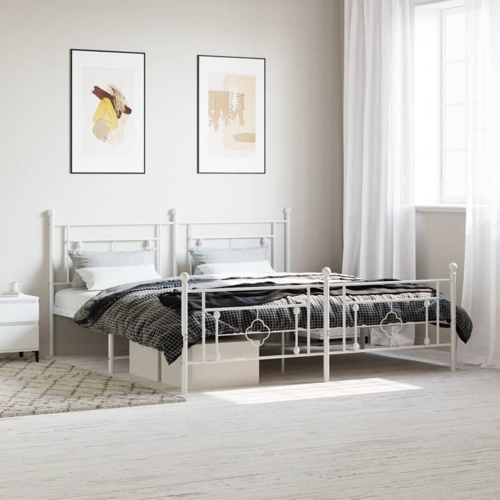 Cadru de pat metalic cu tăblie de cap/picioare, alb, 183x213 cm - Lando