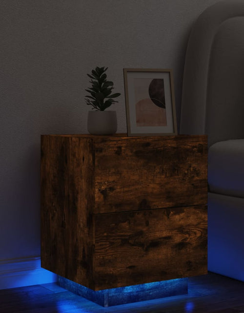 Încărcați imaginea în vizualizatorul Galerie, Noptieră cu lumini LED, stejar fumuriu, lemn prelucrat - Lando
