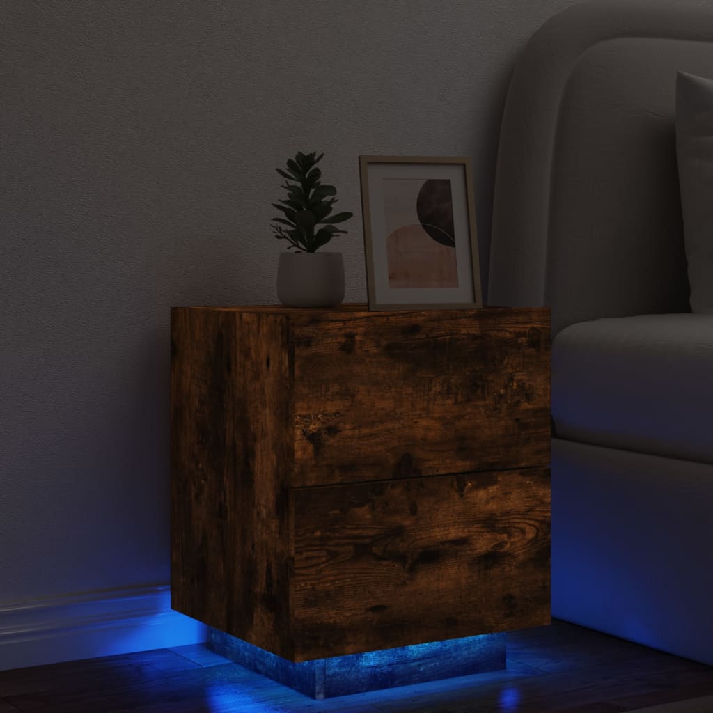 Noptieră cu lumini LED, stejar fumuriu, lemn prelucrat - Lando