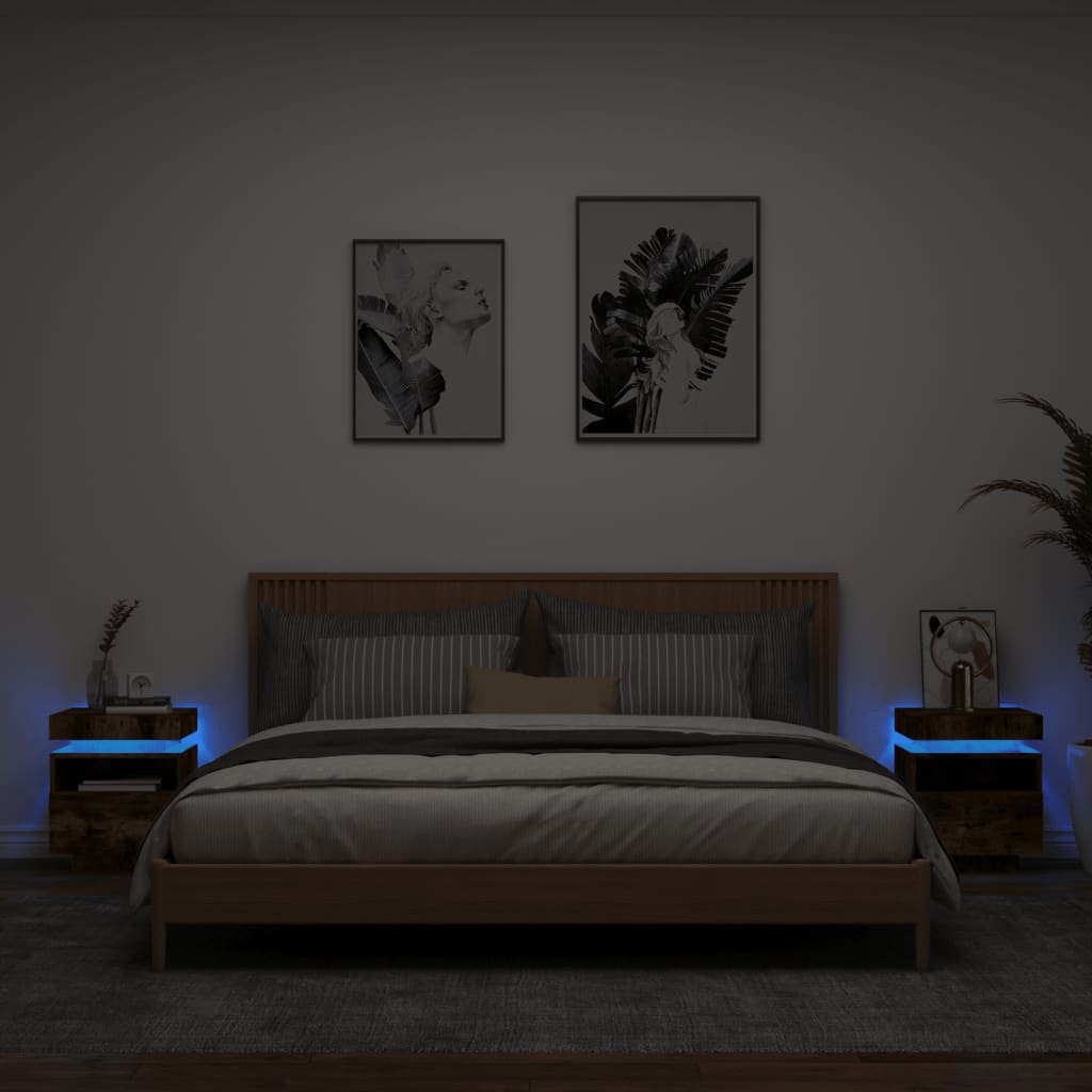 Noptiere cu lumini LED, 2 buc., stejar fumuriu, 40x39x48,5 cm - Lando
