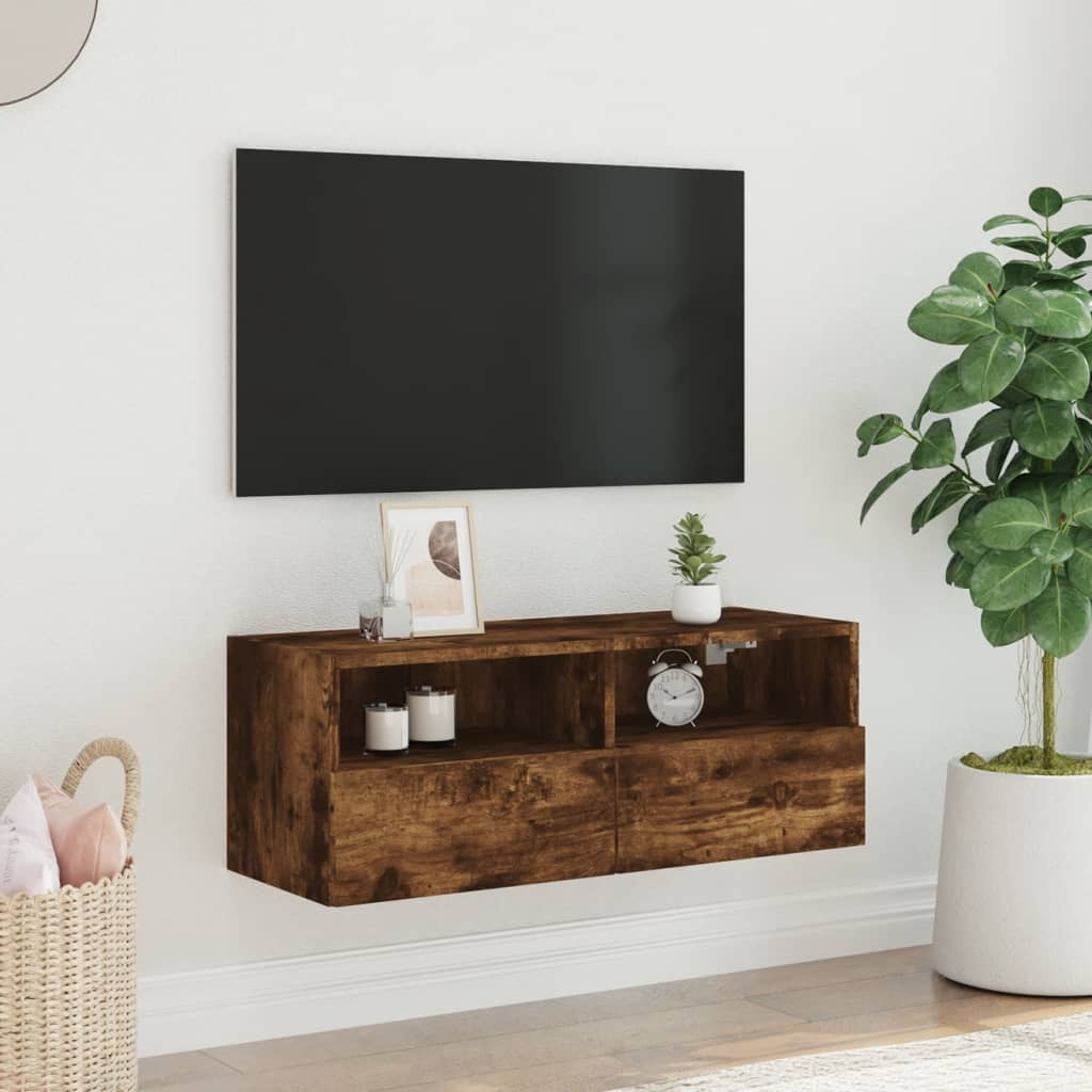 Comodă TV de perete stejar fumuriu 80x30x30 cm lemn prelucrat - Lando