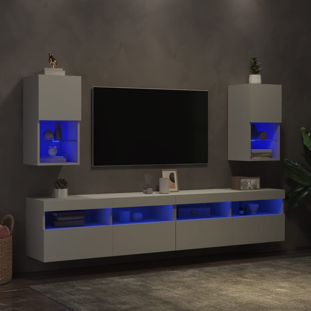 Comode TV cu lumini LED, 2 buc., alb, 30,5x30x60 cm - Lando