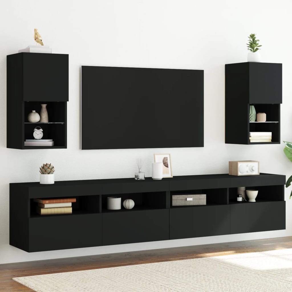 Comode TV cu lumini LED, 2 buc., negru, 30,5x30x60 cm - Lando