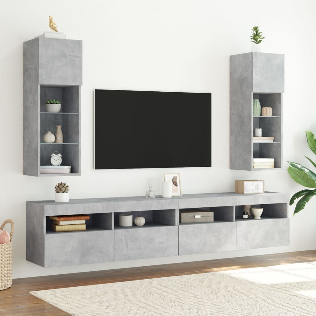 Comode TV cu lumini LED, 2 buc., gri beton, 30,5x30x90 cm - Lando