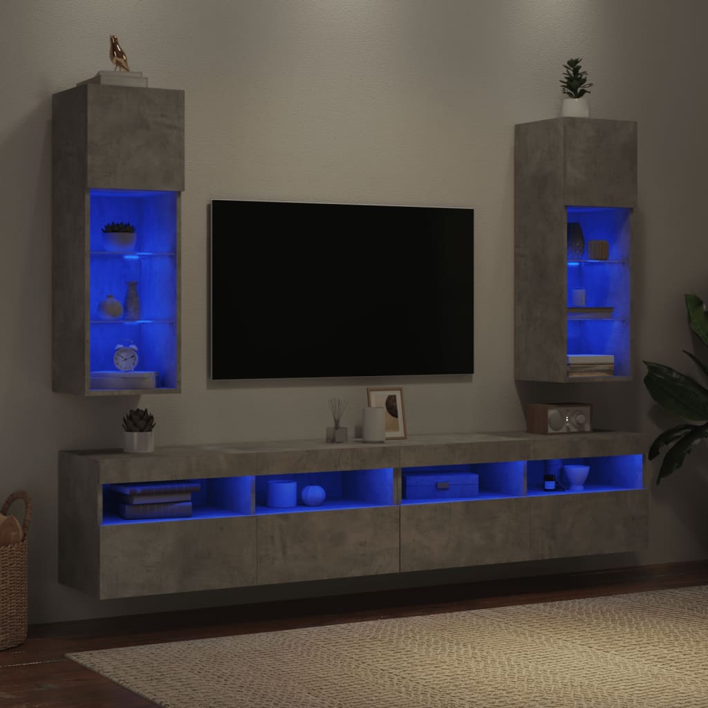 Comode TV cu lumini LED, 2 buc., gri beton, 30,5x30x90 cm - Lando