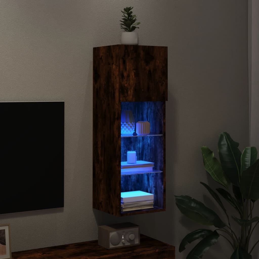 Comodă TV cu lumini LED, stejar fumuriu, 30,5x30x90 cm - Lando