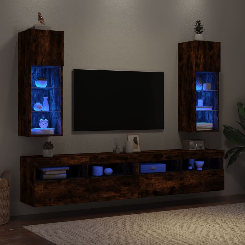 Comode TV cu lumini LED, 2 buc., stejar fumuriu, 30,5x30x90 cm - Lando