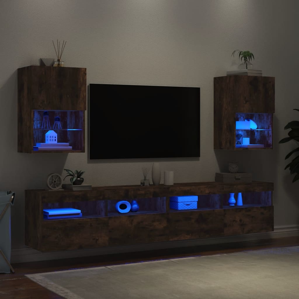 Comode TV cu lumini LED, 2 buc., stejar fumuriu, 40,5x30x60 cm - Lando