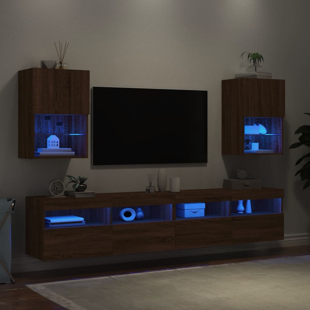 Comode TV cu lumini LED, 2 buc., stejar maro, 40,5x30x60 cm - Lando