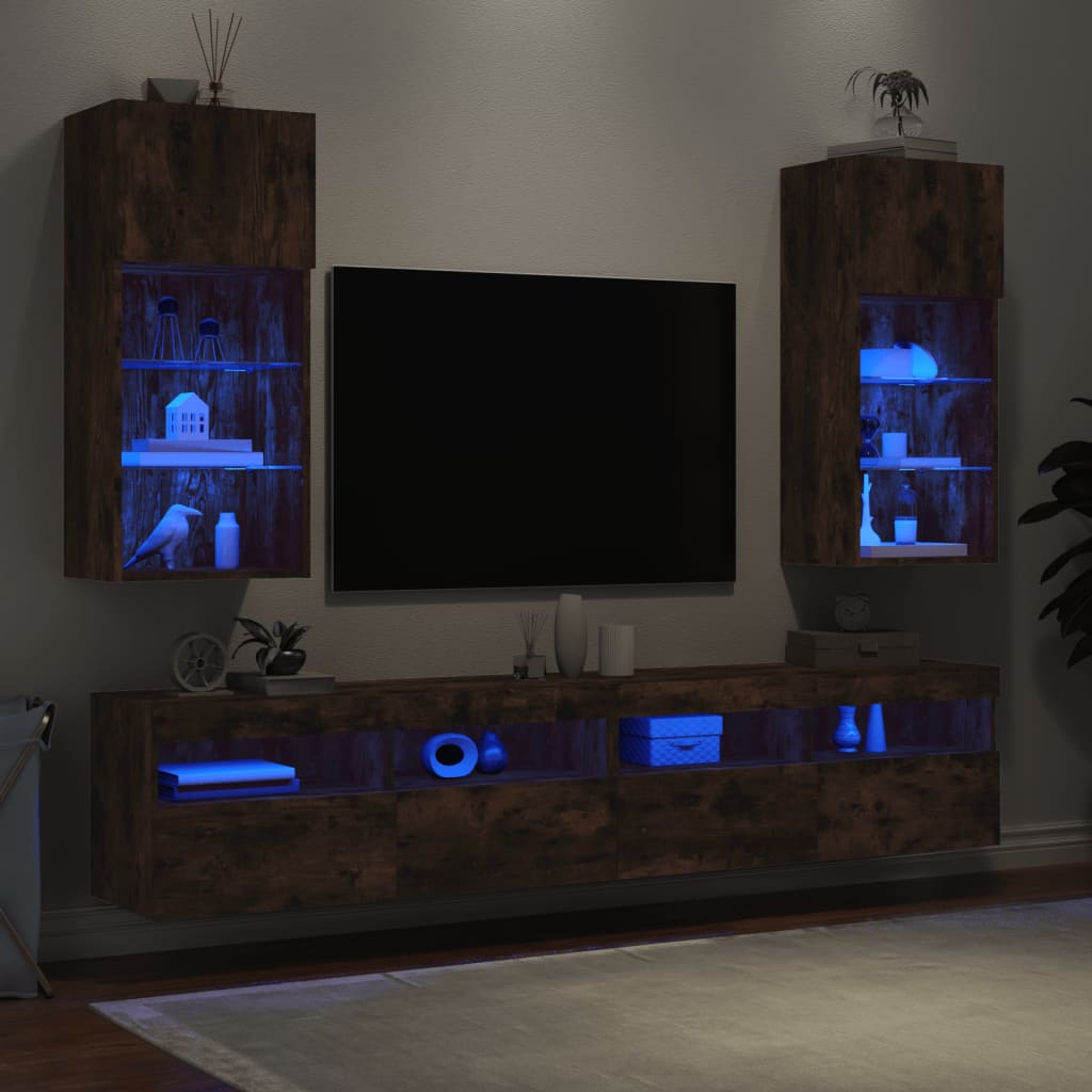 Comode TV cu lumini LED, stejar fumuriu, 40,5x30x90 cm - Lando