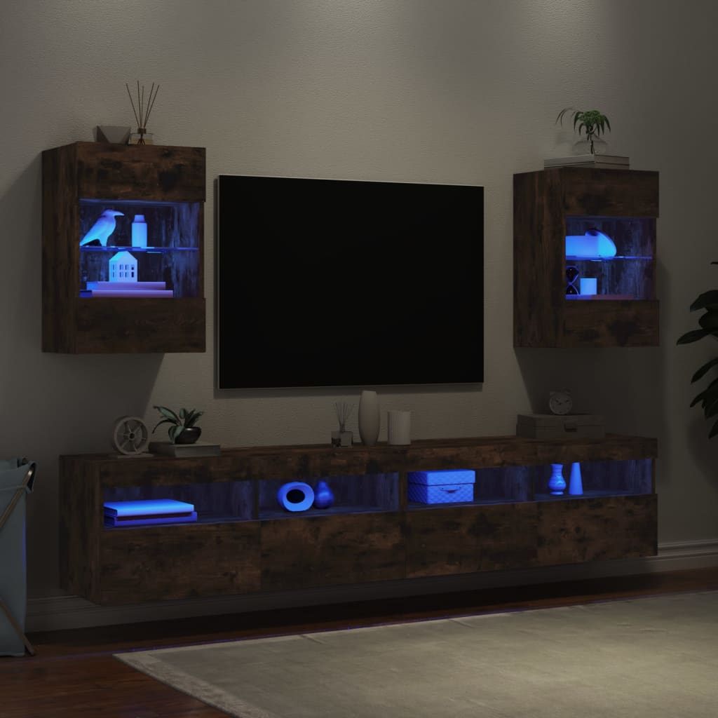 Comodă TV de perete cu LED, 2 buc. stejar fumuriu, 40x30x60,5cm - Lando