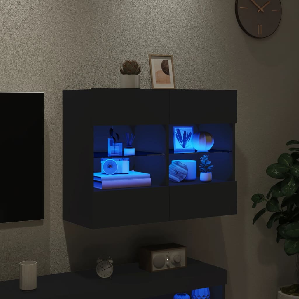 Comodă TV de perete cu lumini LED, negru, 78,5x30x60,5 cm - Lando