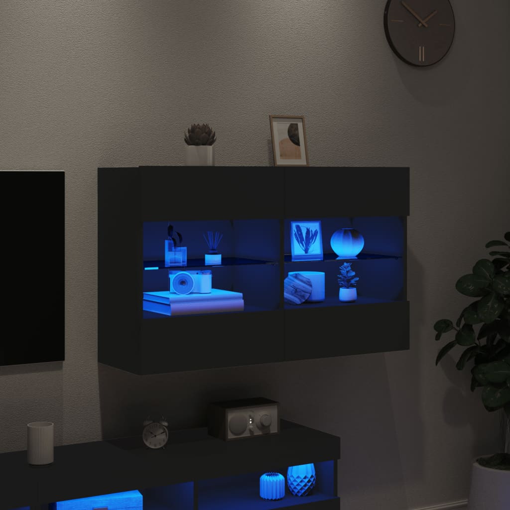 Comodă TV de perete cu lumini LED, negru, 98,5x30x60,5 cm - Lando