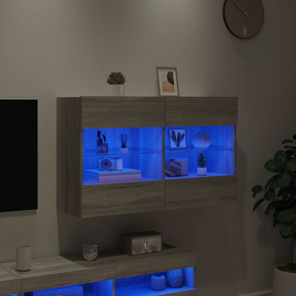 Comodă TV de perete cu lumini LED, gri sonoma, 98,5x30x60,5 cm - Lando