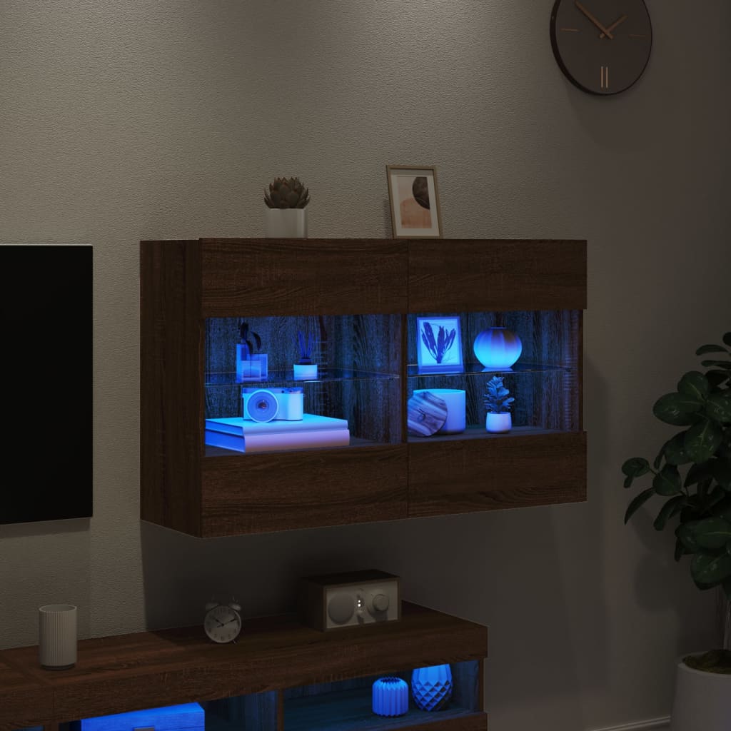 Comodă TV de perete cu lumini LED, stejar maro, 98,5x30x60,5 cm - Lando