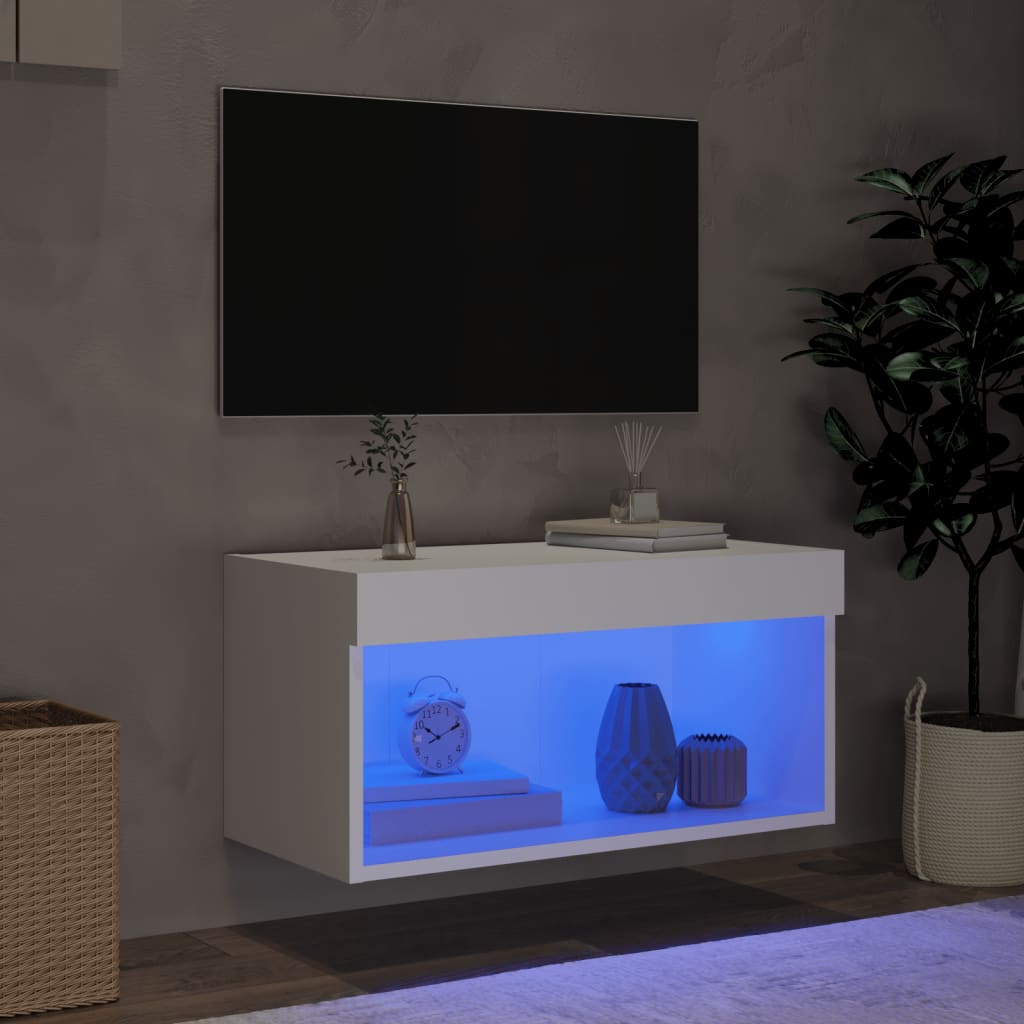 Comodă TV cu lumini LED, alb, 60x30x30 cm - Lando