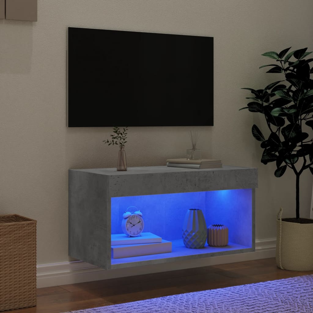 Comodă TV cu lumini LED, gri beton, 60x30x30 cm - Lando