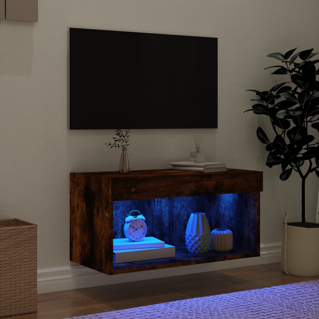 Comodă TV cu lumini LED, stejar fumuriu, 60x30x30 cm - Lando
