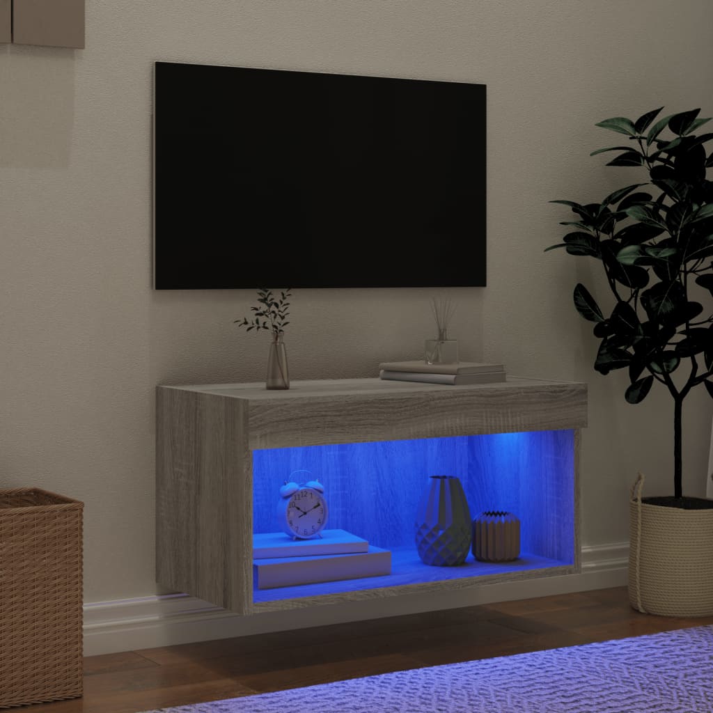 Comodă TV cu lumini LED, gri sonoma, 60x30x30 cm - Lando