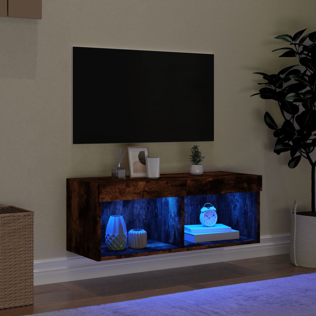 Comodă TV cu lumini LED, stejar fumuriu, 80x30x30 cm - Lando