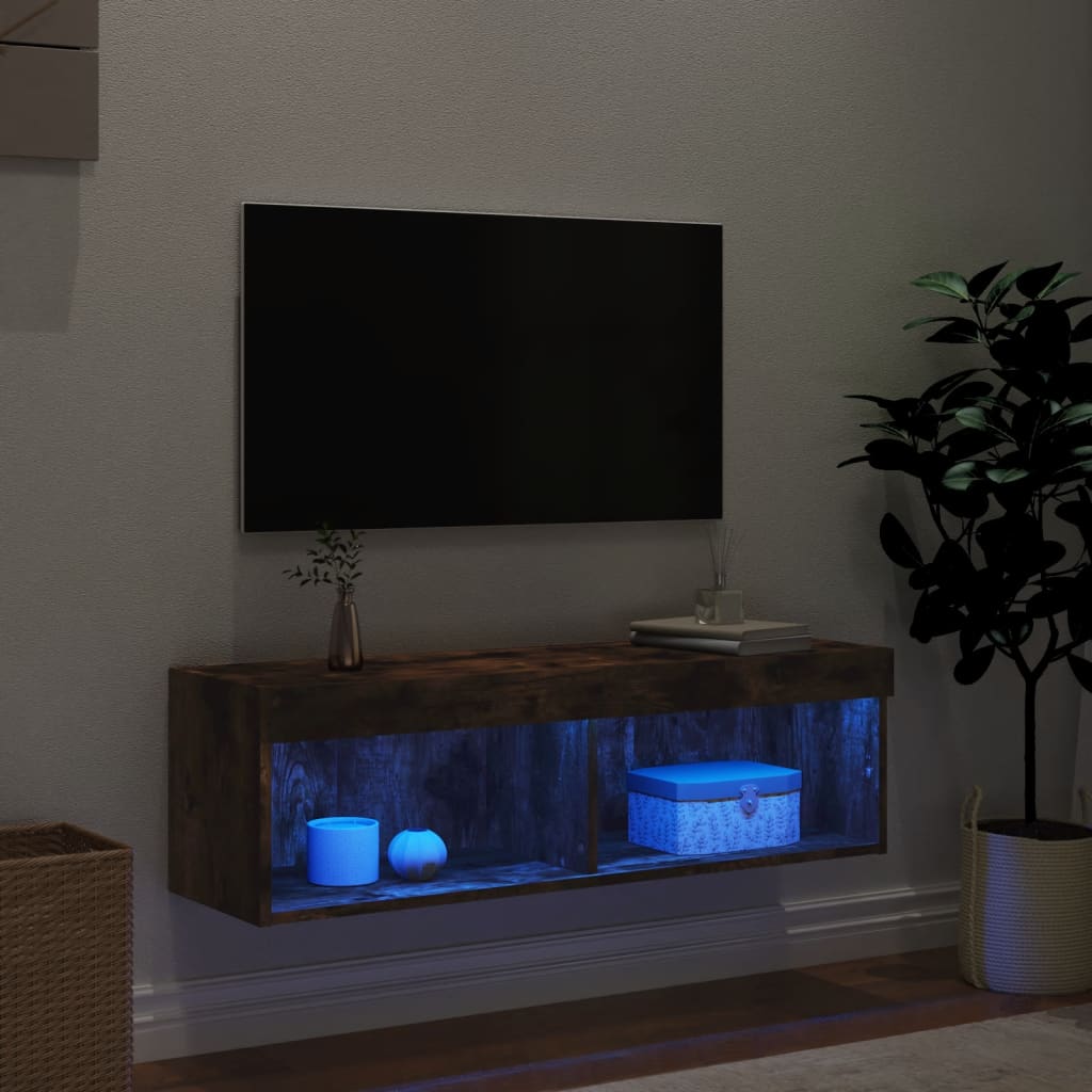 Comodă TV cu lumini LED, stejar fumuriu, 100x30x30 cm - Lando