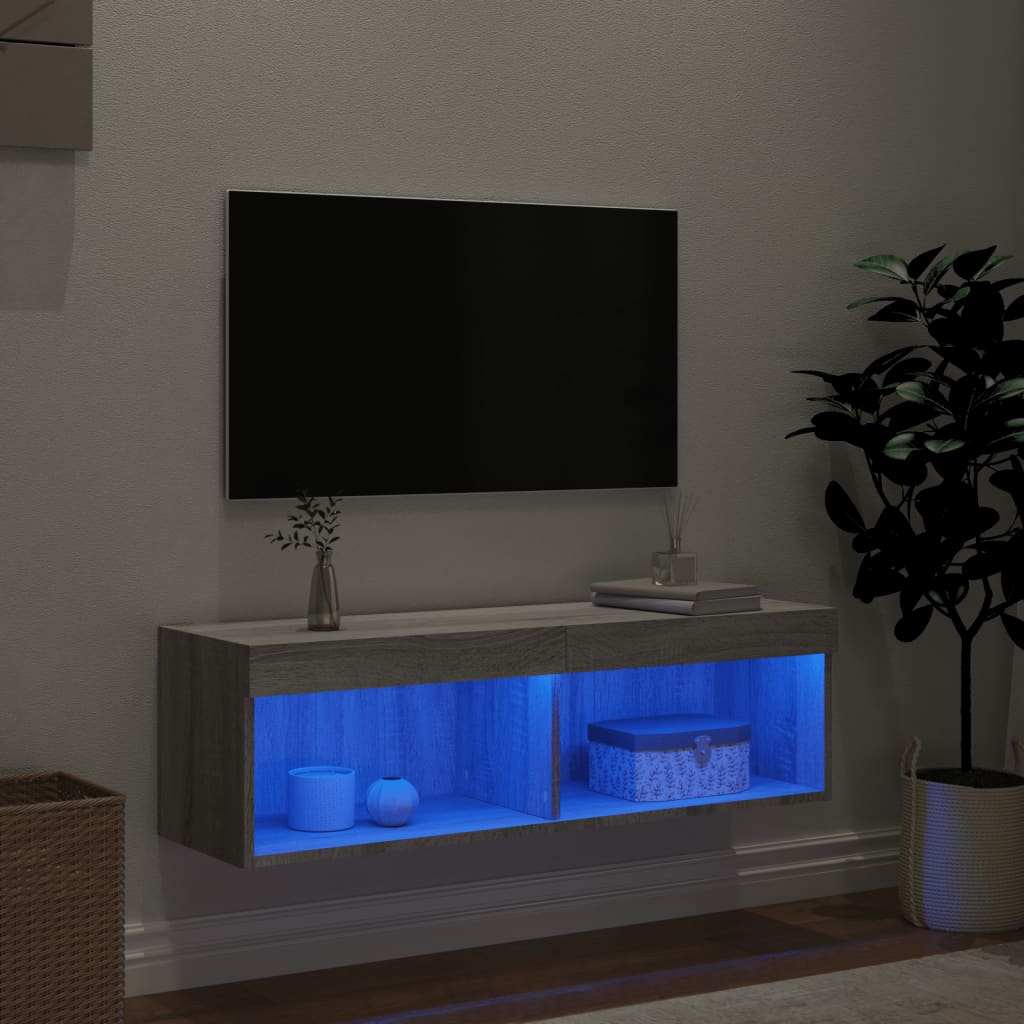 Comodă TV cu lumini LED, gri sonoma, 100x30x30 cm - Lando