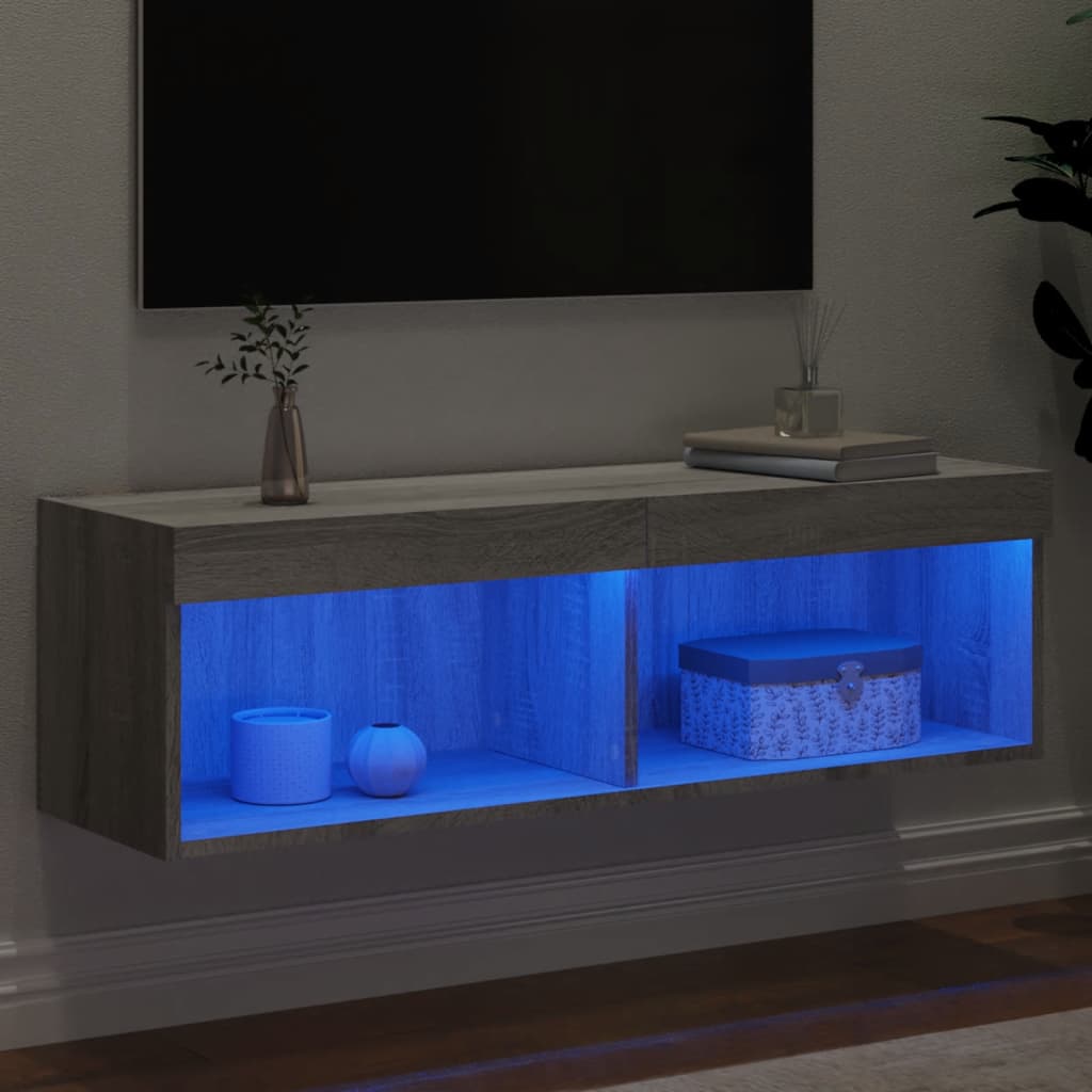 Comodă TV cu lumini LED, gri sonoma, 100x30x30 cm - Lando