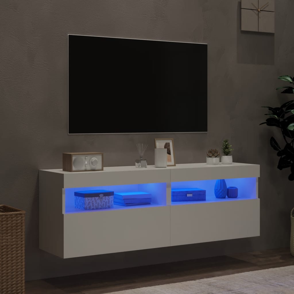 Comode TV de perete cu lumini LED, 2 buc., alb, 60x30x40 cm - Lando
