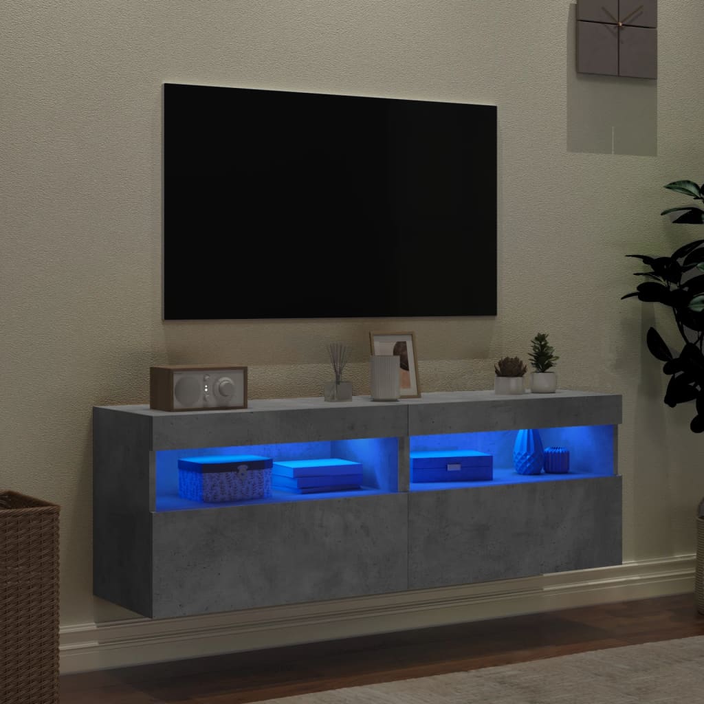 Comode TV de perete cu lumini LED 2 buc. gri beton 60x30x40 cm - Lando