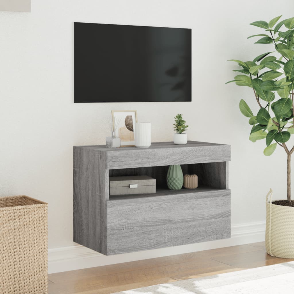 Comodă TV de perete cu lumini LED, gri sonoma, 60x30x40 cm - Lando