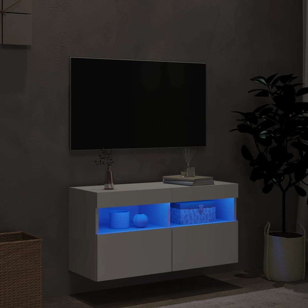 Comodă TV de perete cu lumini LED, alb, 80x30x40 cm - Lando