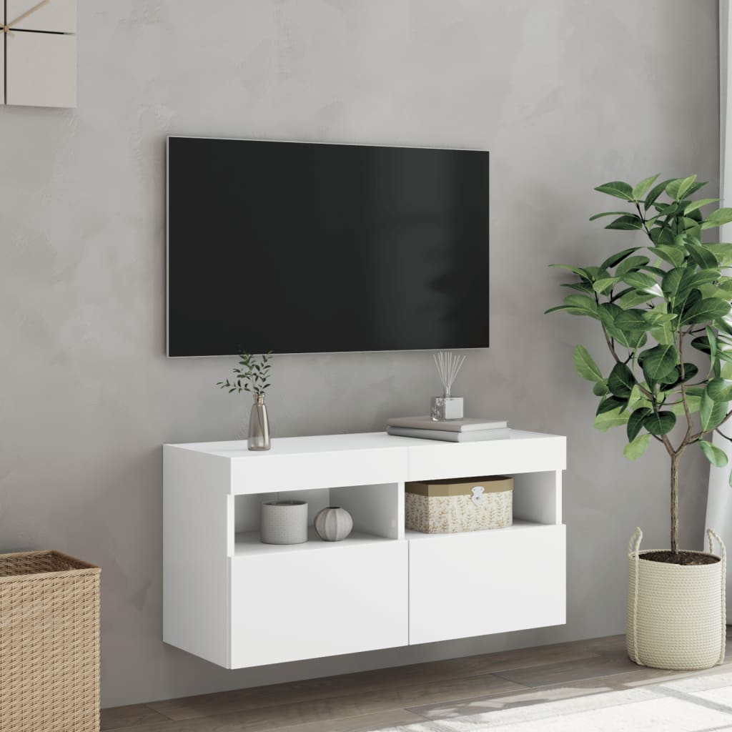 Comodă TV de perete cu lumini LED, alb, 80x30x40 cm - Lando