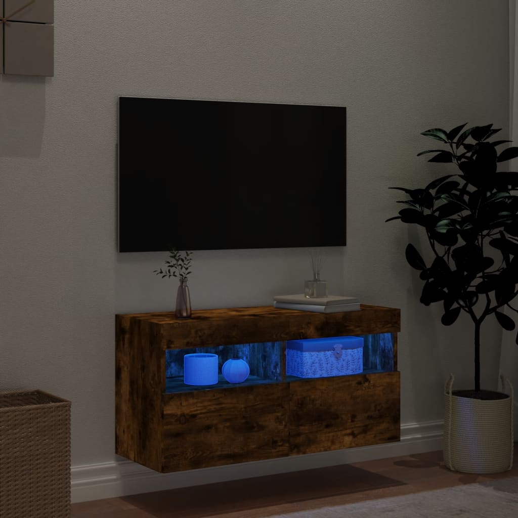 Comodă TV de perete cu lumini LED, stejar fumuriu, 80x30x40 cm - Lando